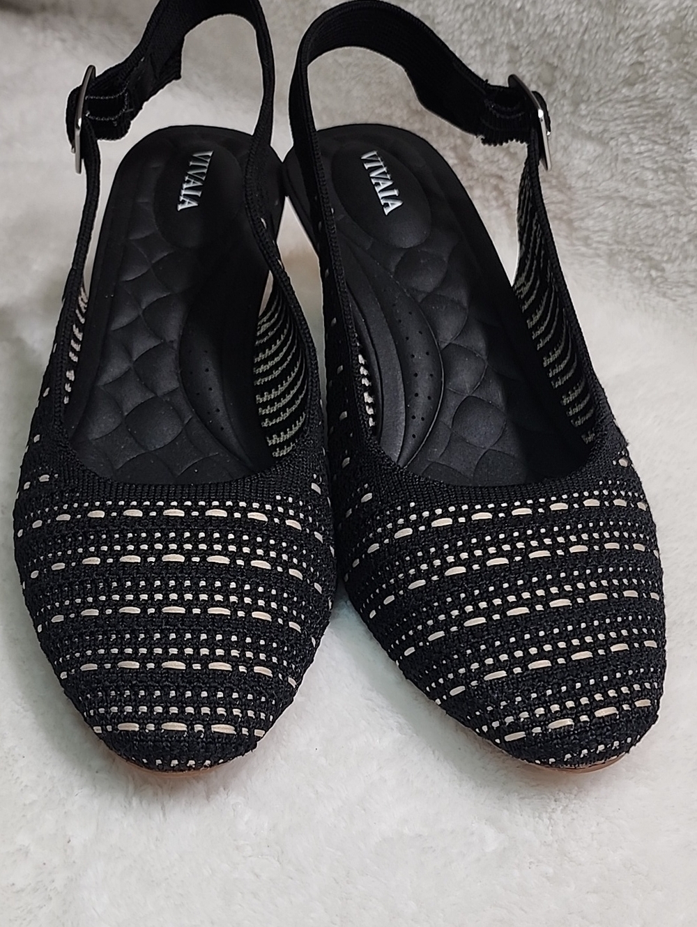 Vivaia Tamia slingback wedge sandals  black and cream knit cork wedge heel 39/8 - Picture 7 of 16